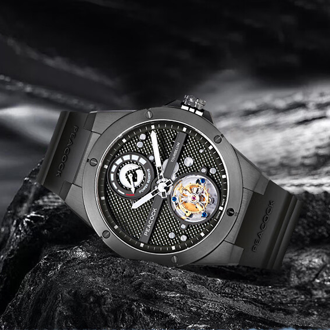 Peacock Tourbillon Climber Center Axis Black Watch on Mountain