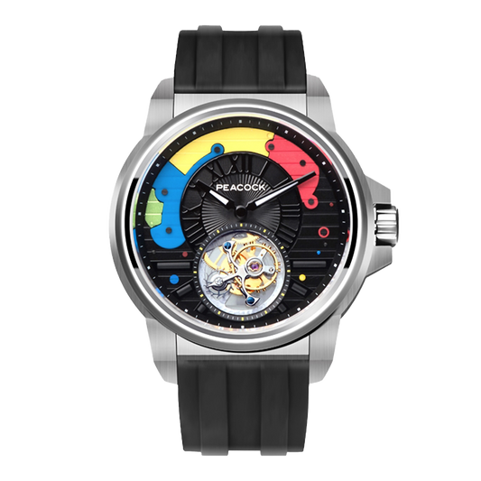 Peacock Time Color Off-center Tourbillon Watch Steel Case & Black Strap