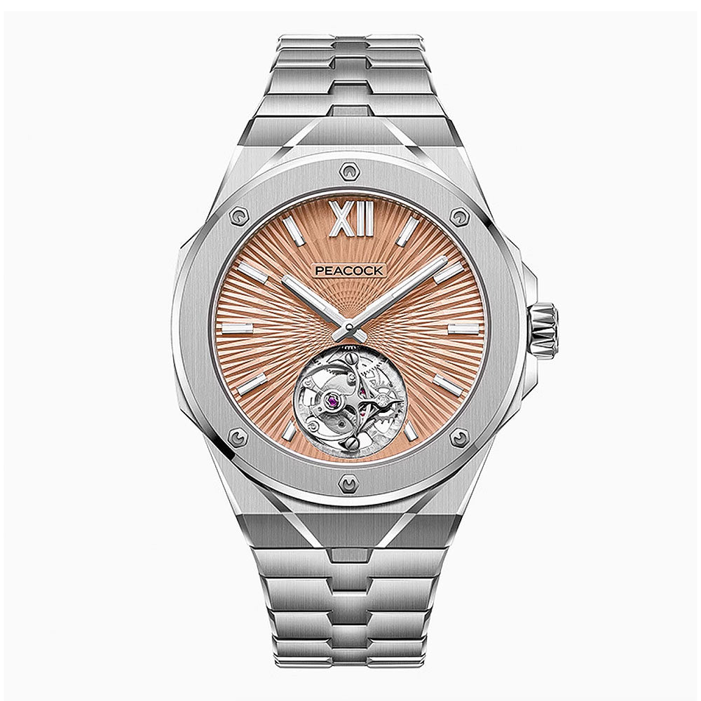 Peacock Watches Plumage Gaze Tourbillon Integrated-bracelet tourbillon (open tourbillon at 6, Roman XII + batons)