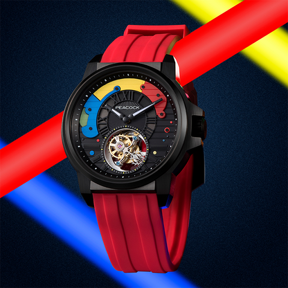 Peacock Time Color Off-center Tourbillon Watch Black Case & Red Strap