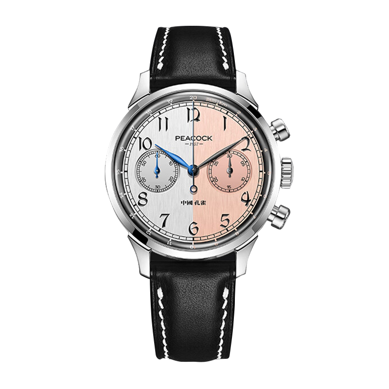 Peacock Watches Perfection Classic chronograph (two-subdial, pushers) — Silver and Salmon