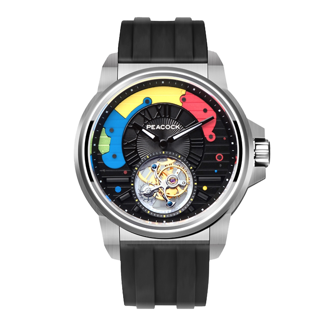 Peacock Time Color Off-center Tourbillon Watch Steel Case & Black Strap