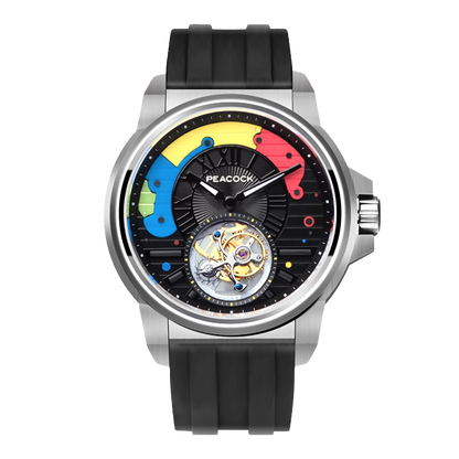 Peacock Time Color Off-center Tourbillon Watch Steel Case & Black Strap