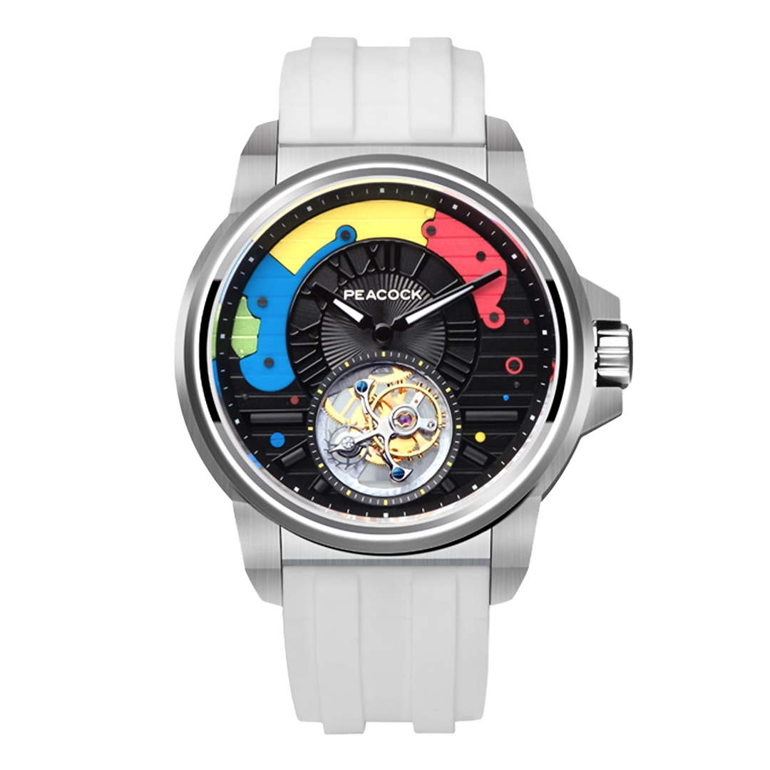 Peacock Time Color Off-center Tourbillon Watch Steel Case & White Strap