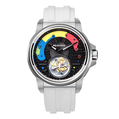 Peacock Time Color Off-center Tourbillon Watch Steel Case & White Strap