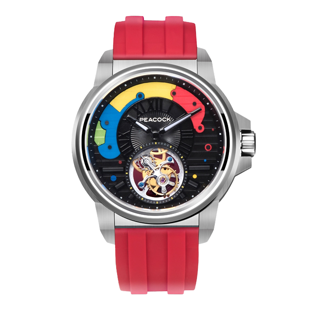 Peacock Time Color Off-center Tourbillon Watch Steel Case & Red Strap