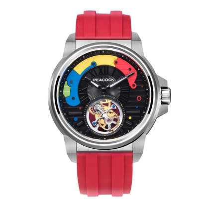 Peacock Time Color Off-center Tourbillon Watch Steel Case & Red Strap