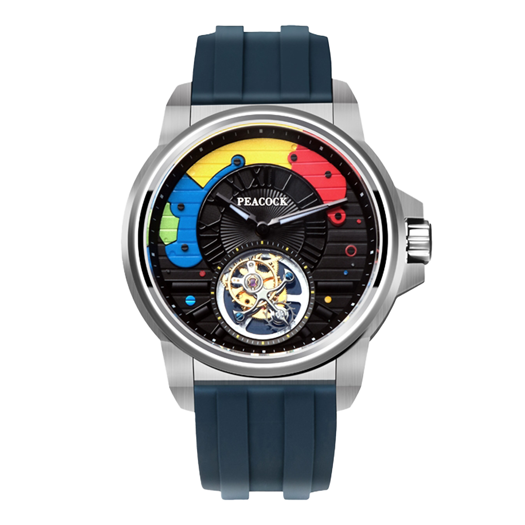 Peacock Time Color Off-center Tourbillon Watch Steel Case & Blue Strap