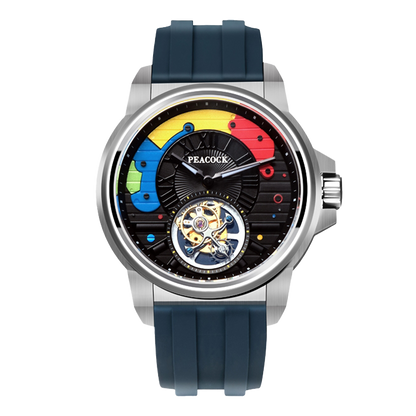 Peacock Time Color Off-center Tourbillon Watch Steel Case & Blue Strap