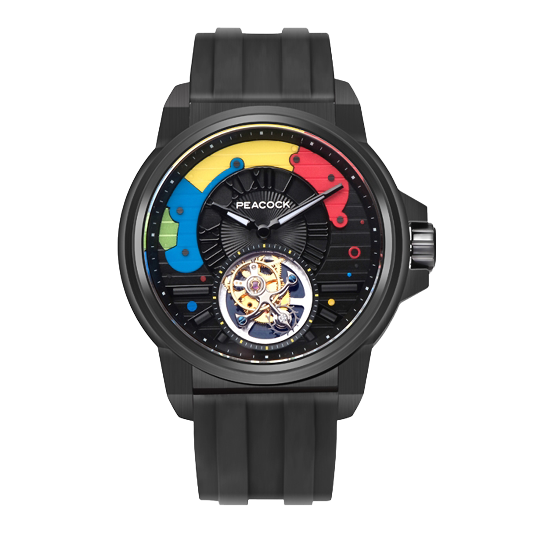 Peacock Time Color Off-center Tourbillon Watch Black Case & Black Strap