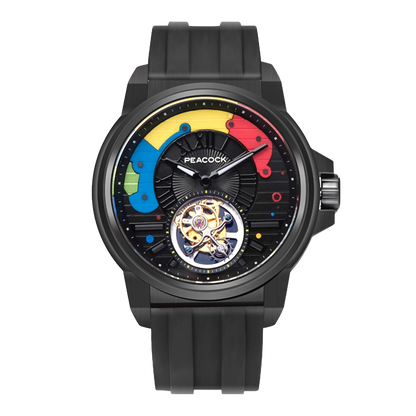 Peacock Time Color Off-center Tourbillon Watch Black Case & Black Strap