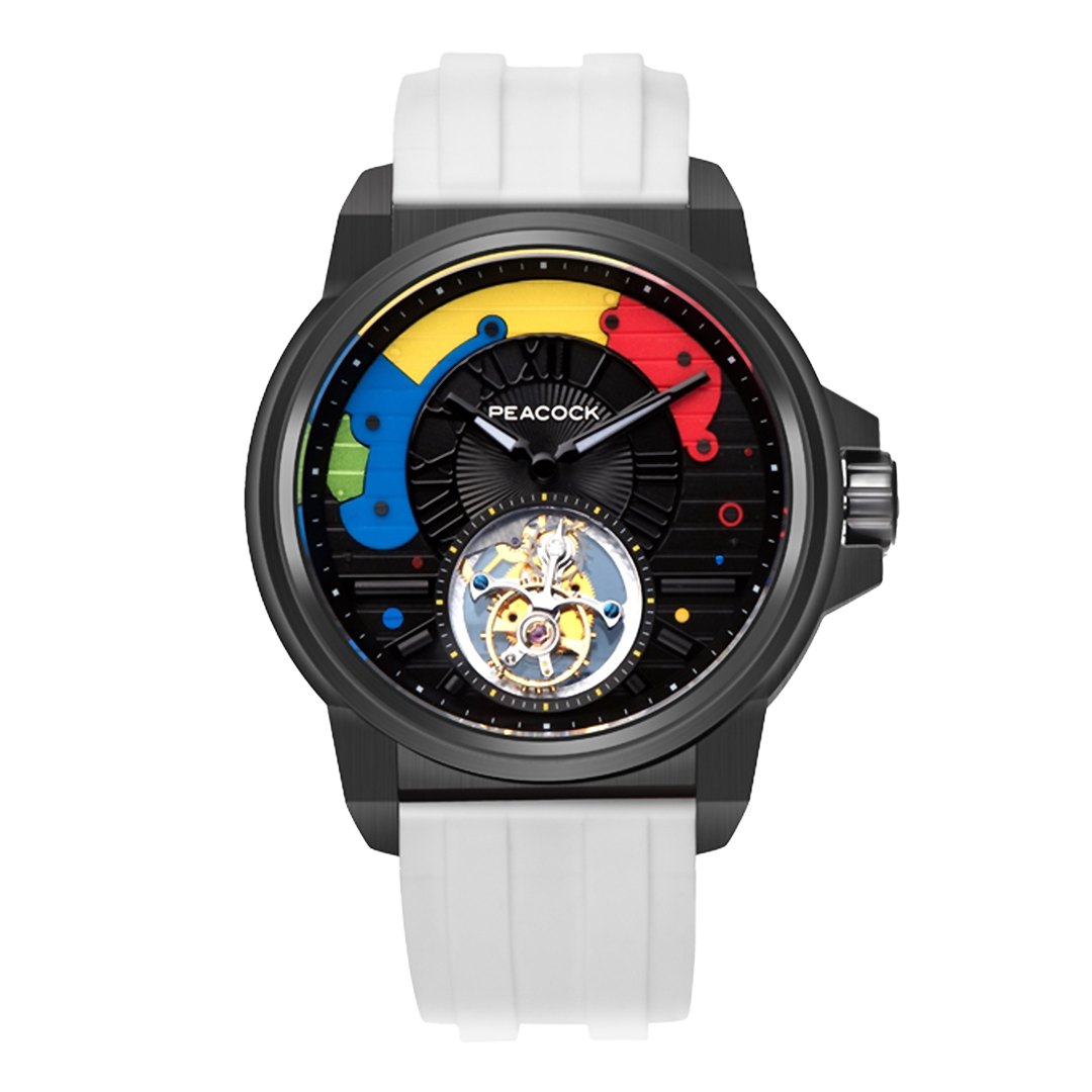 Peacock Time Color Off-center Tourbillon Watch Black Case & White Strap