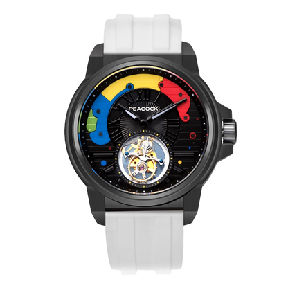 Peacock Time Color Off-center Tourbillon Watch Black Case & White Strap