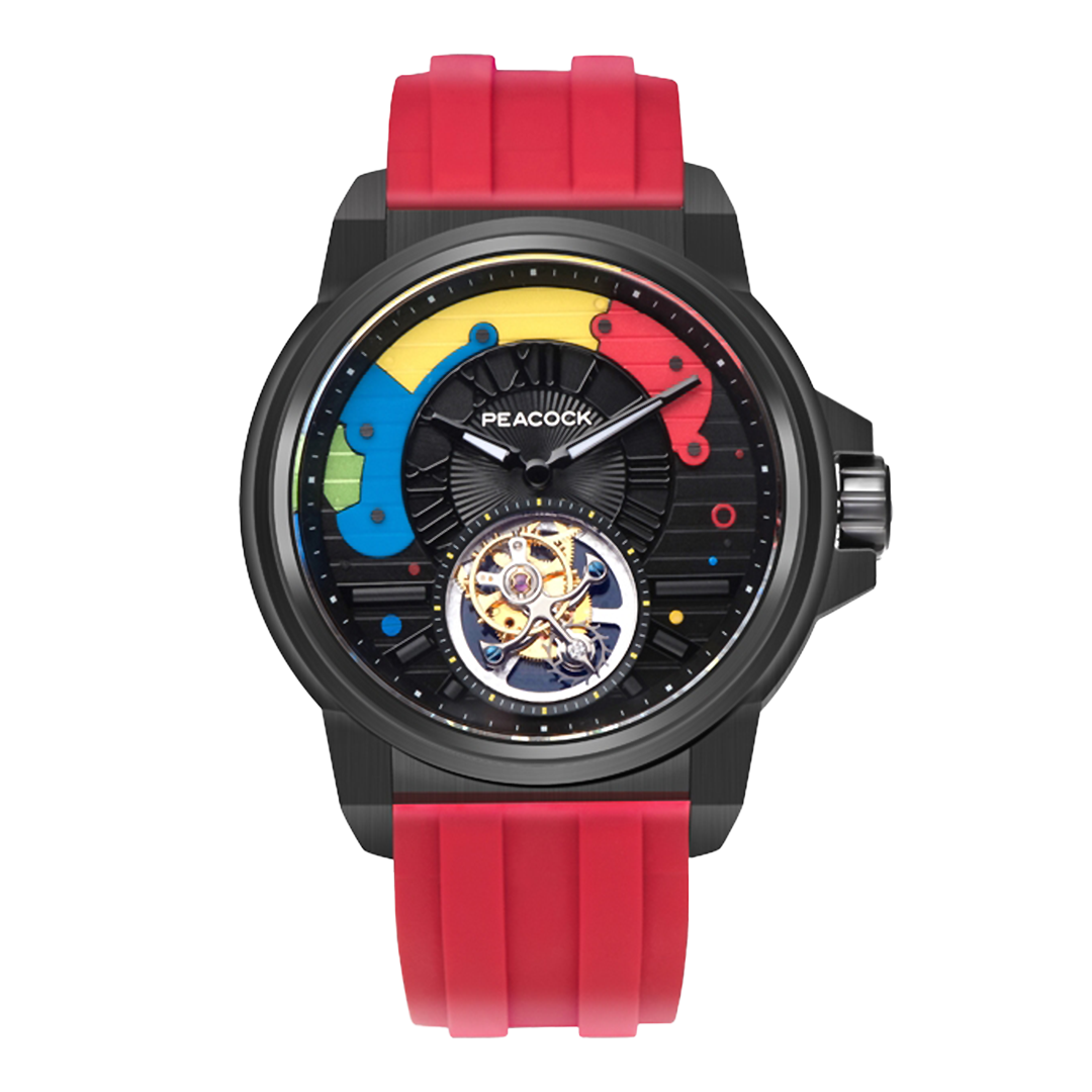 Peacock Time Color Off-center Tourbillon Watch Black Case & Red Strap