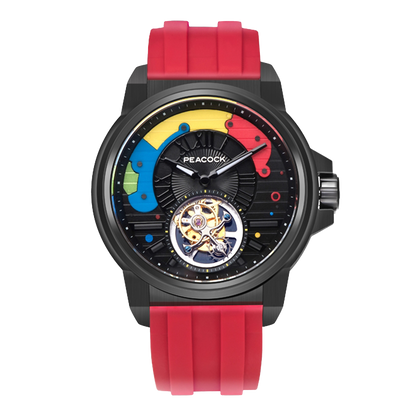 Peacock Time Color Off-center Tourbillon Watch Black Case & Red Strap