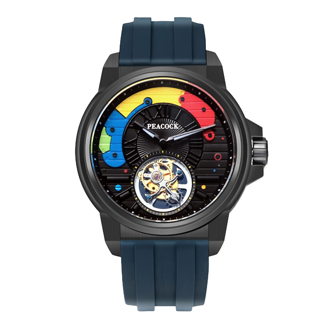 Peacock Time Color Off-center Tourbillon Watch Black Case & Blue Strap