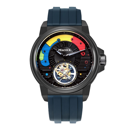 Peacock Time Color Off-center Tourbillon Watch Black Case & Blue Strap