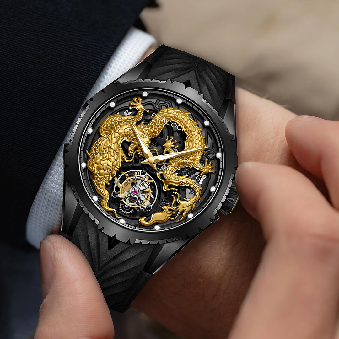 Peacock Tourbillon 24K Gold Dragon Watch for Business Wearing